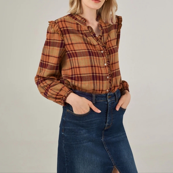 Frye• Ruffle orange/brown flacket button-down plaid shirt. Sz M - Picture 2 of 14